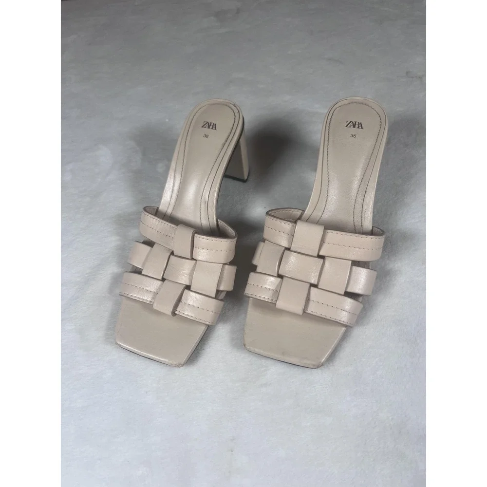 Zara Sandals Womens Size 6 Beige Woven Slide Block Heel Square‎ Toe Dress Shoes